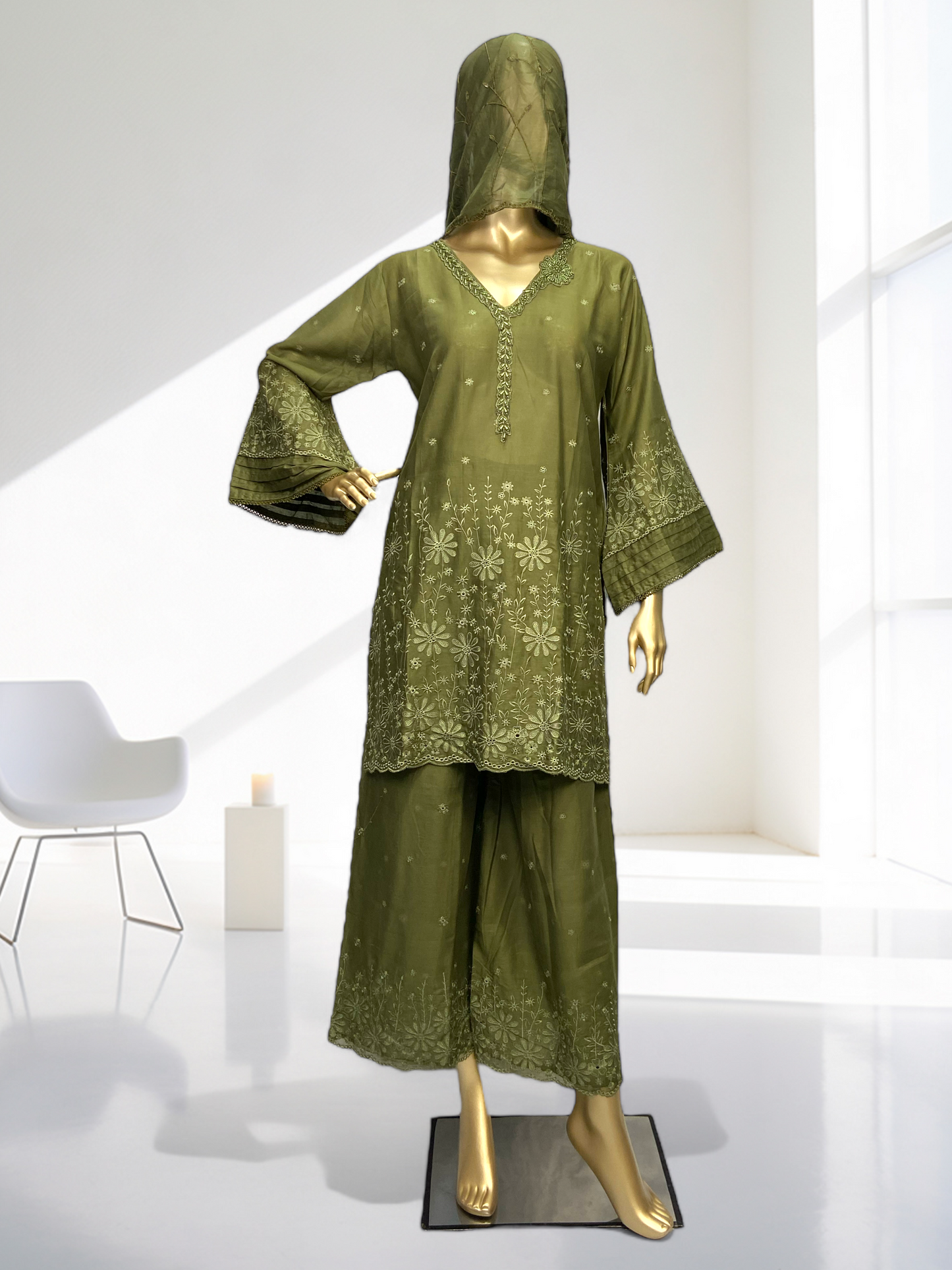 3-Piece Olive Green Cotton Suit with Silk Dupatta MMG-32