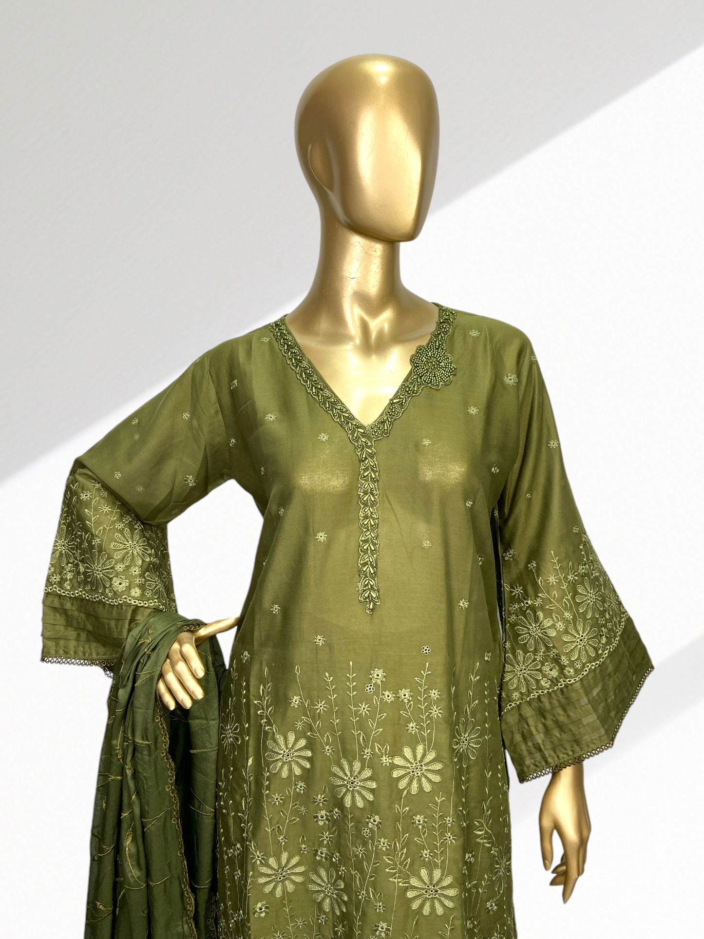 3-Piece Olive Green Cotton Suit with Silk Dupatta MMG-32