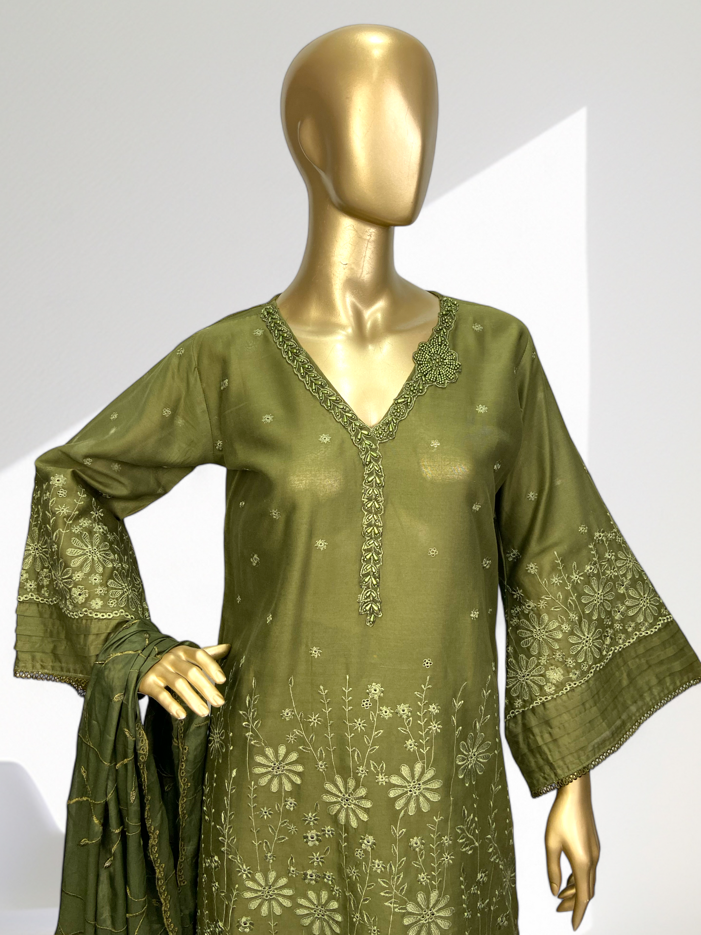 3-Piece Olive Green Cotton Suit with Silk Dupatta MMG-32