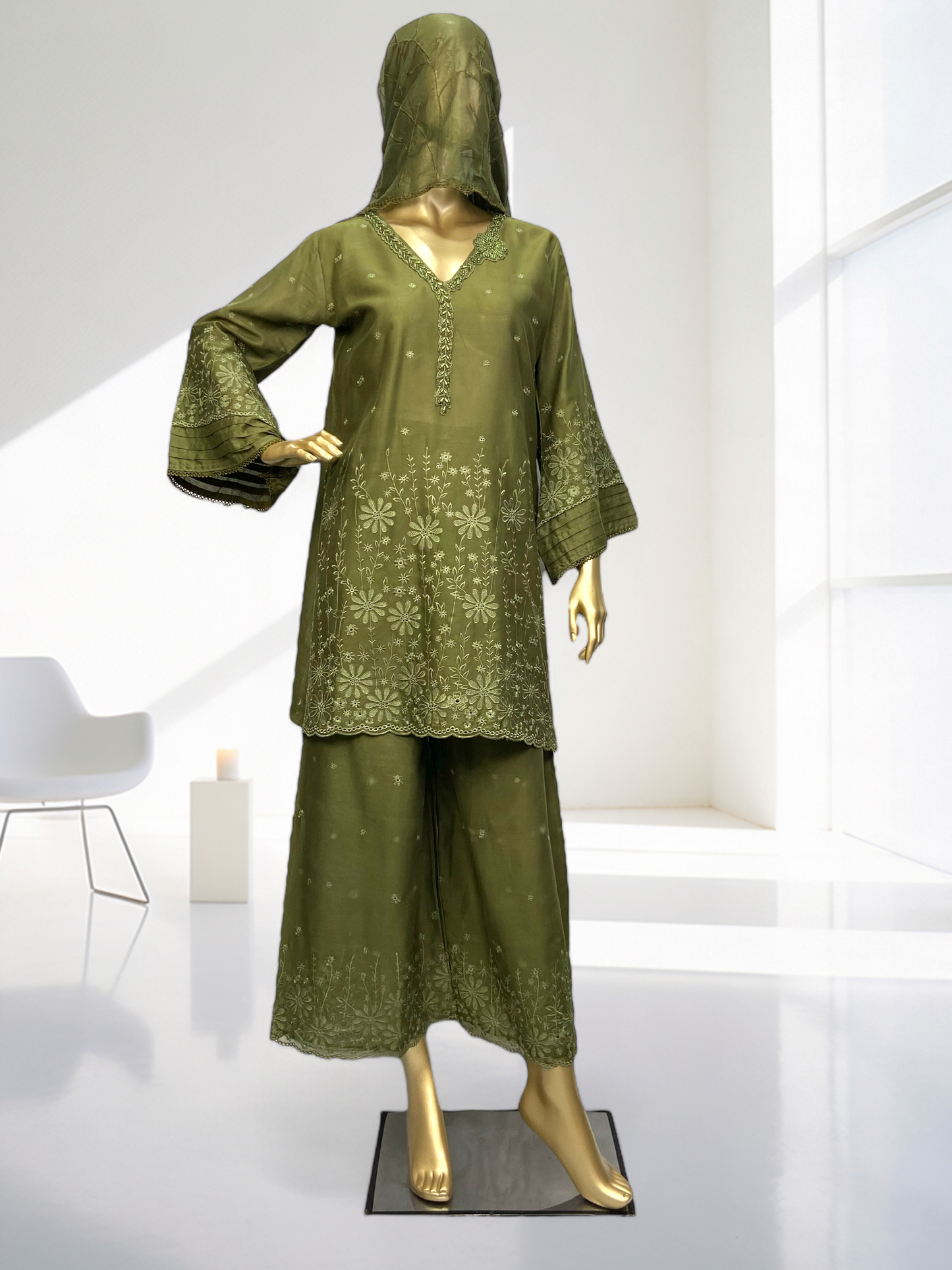 3-Piece Olive Green Cotton Suit with Silk Dupatta MMG-32