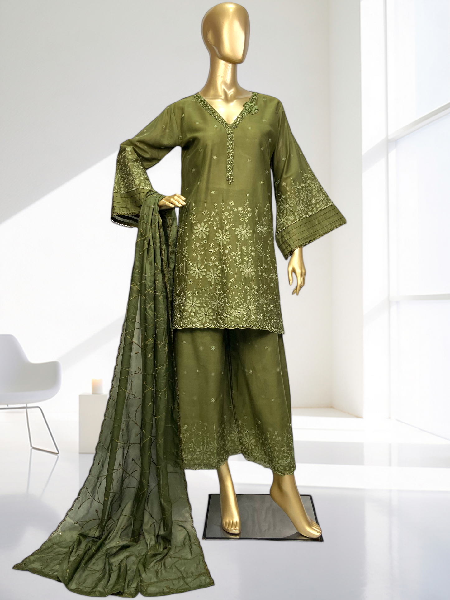 3-Piece Olive Green Cotton Suit with Silk Dupatta MMG-32