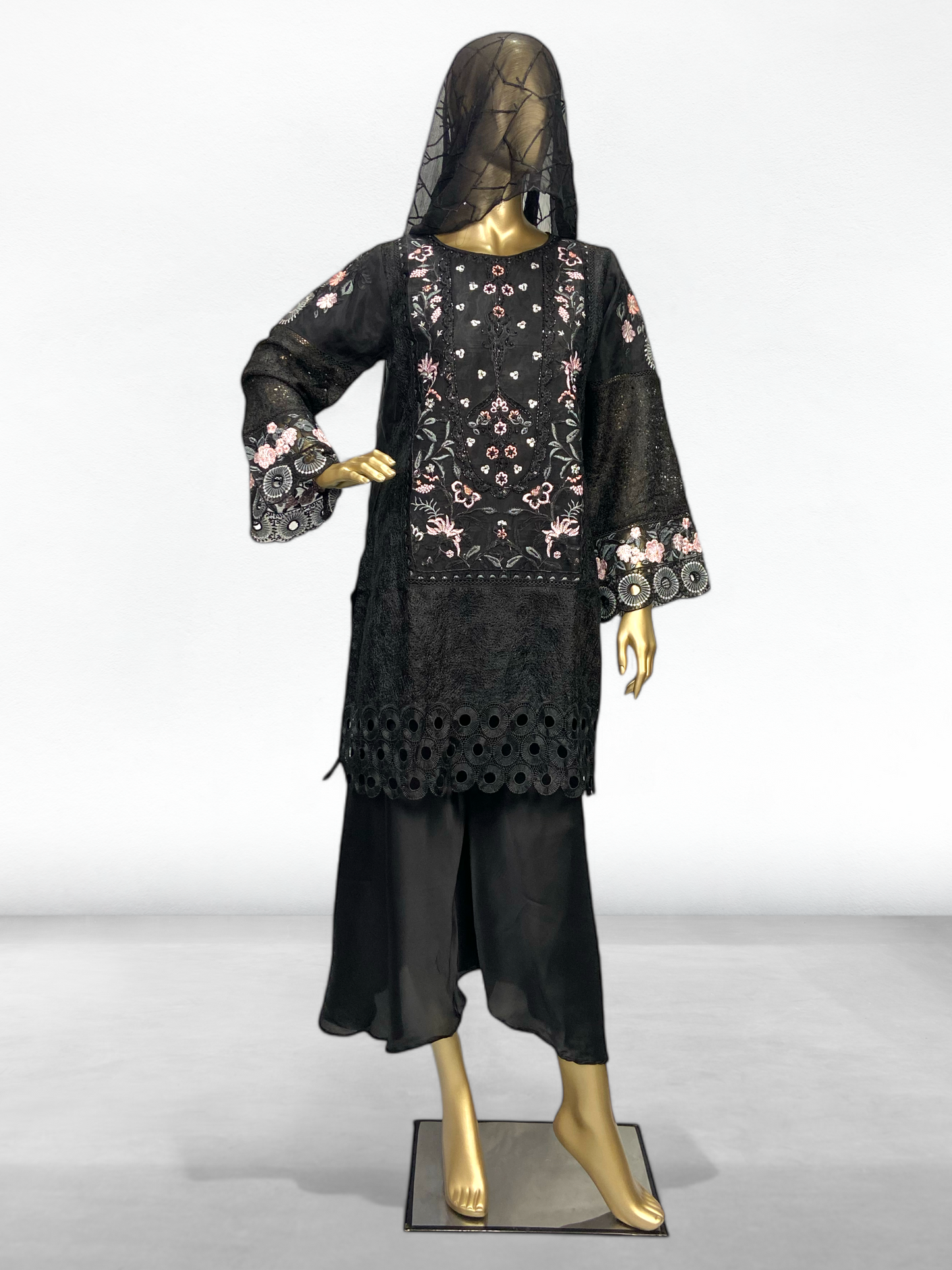 3-Piece Black Organza Embroidered Shirt MMG-718