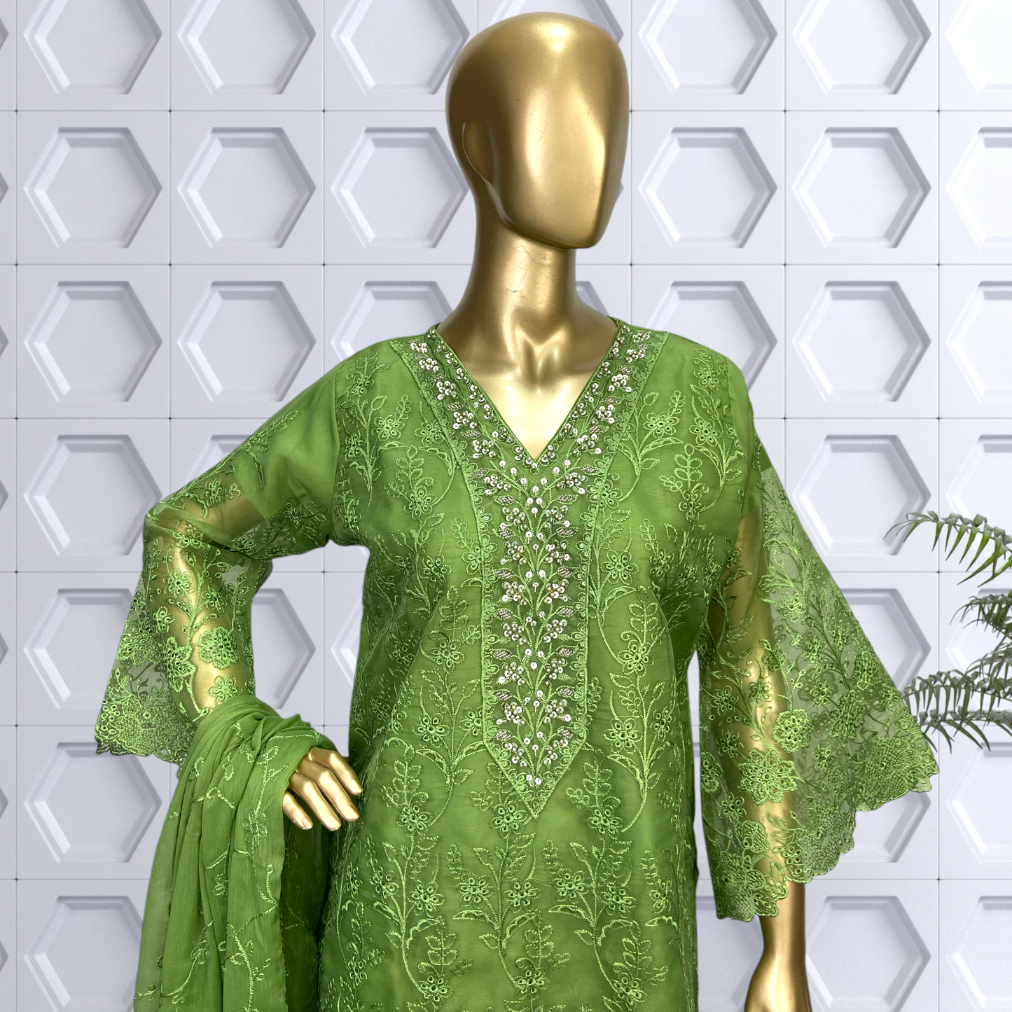 3-Piece Organza Shirt with Chiffon Dupatta & Soft Malai Trouser. MMG-738