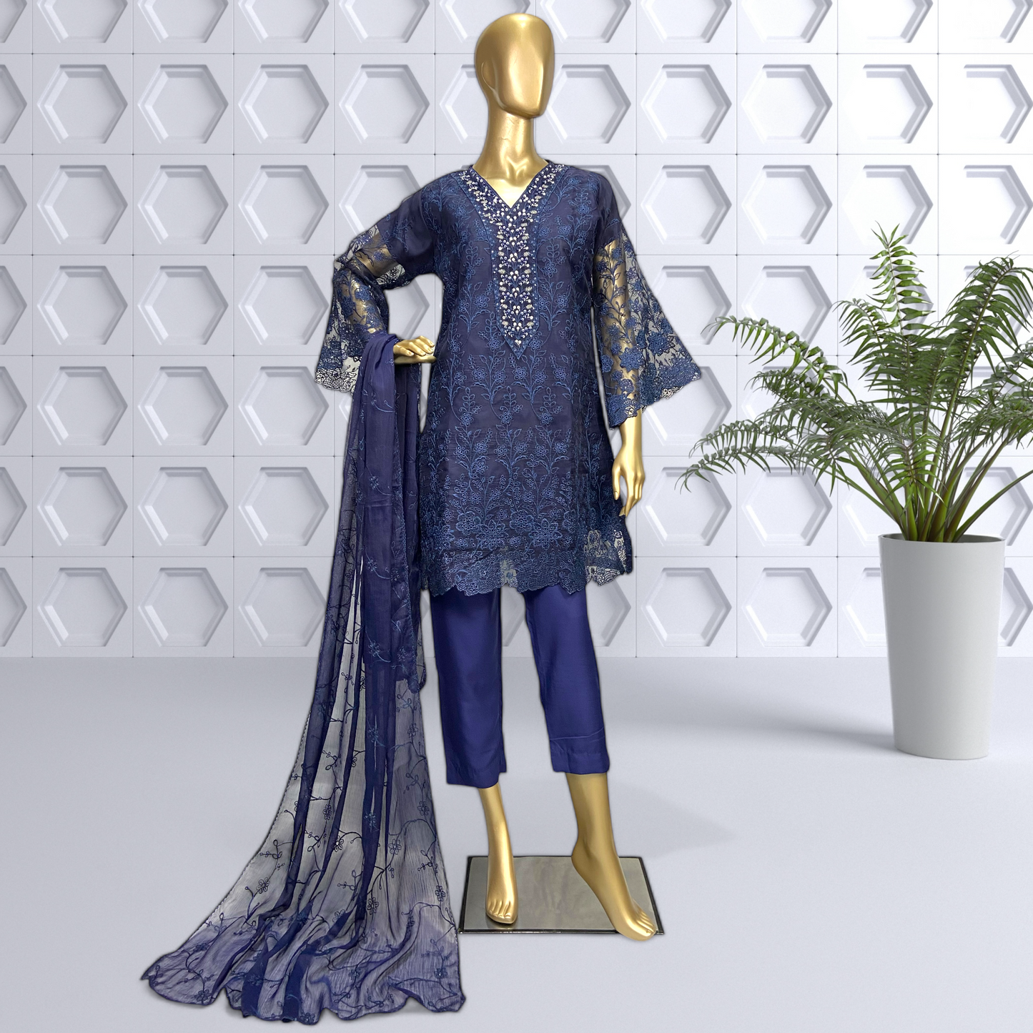 3-Piece Organza Shirt with Chiffon Dupatta & Soft Malai Trouser. MMG-738