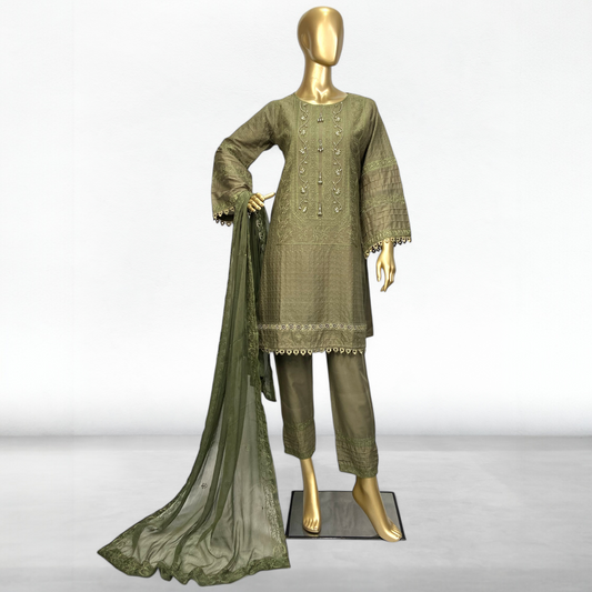 3-Piece Light Olive Cotton Embroidered Shirt with Chiffon Dupatta. MMG#33