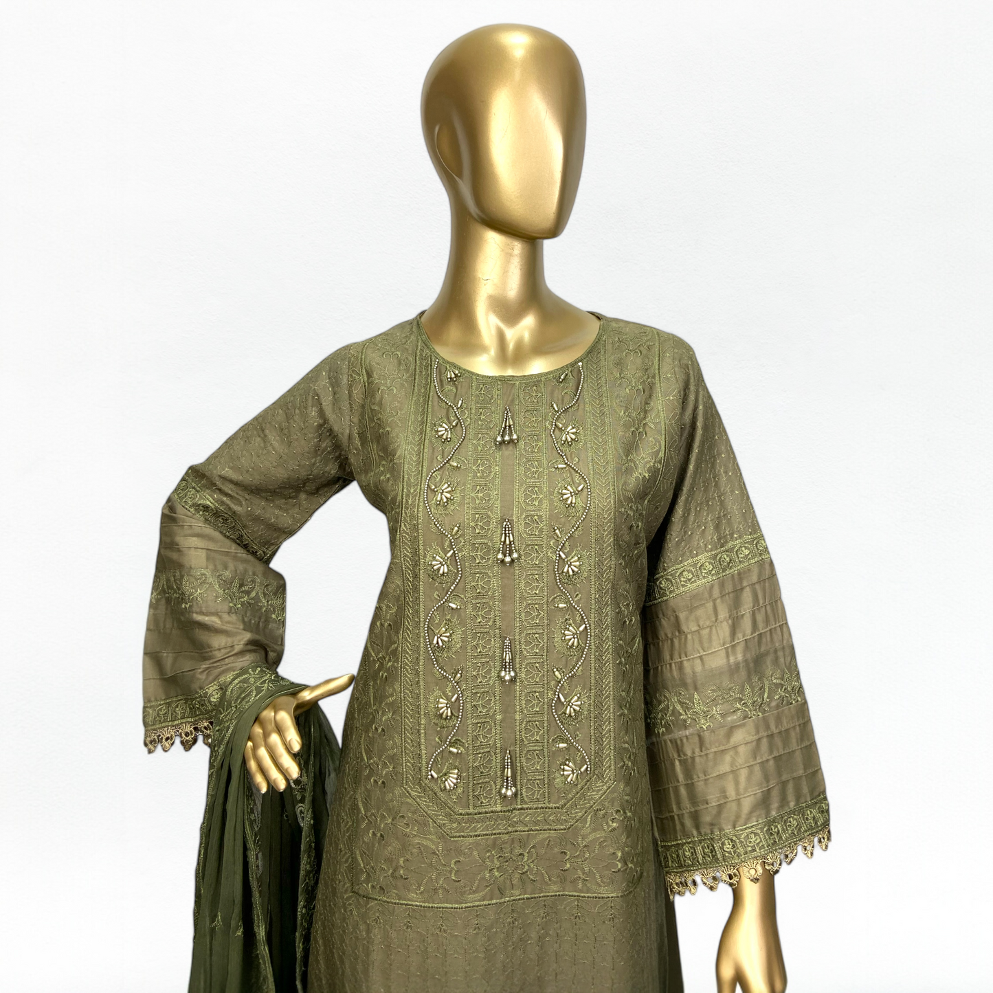 3-Piece Light Olive Cotton Embroidered Shirt with Chiffon Dupatta. MMG#33