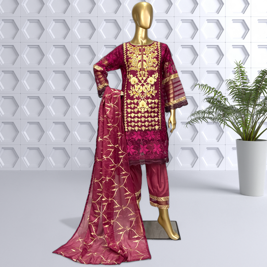 3-Piece Marjanda Color Embroidered Organza Suit with Chiffon Dupatta MMG-461