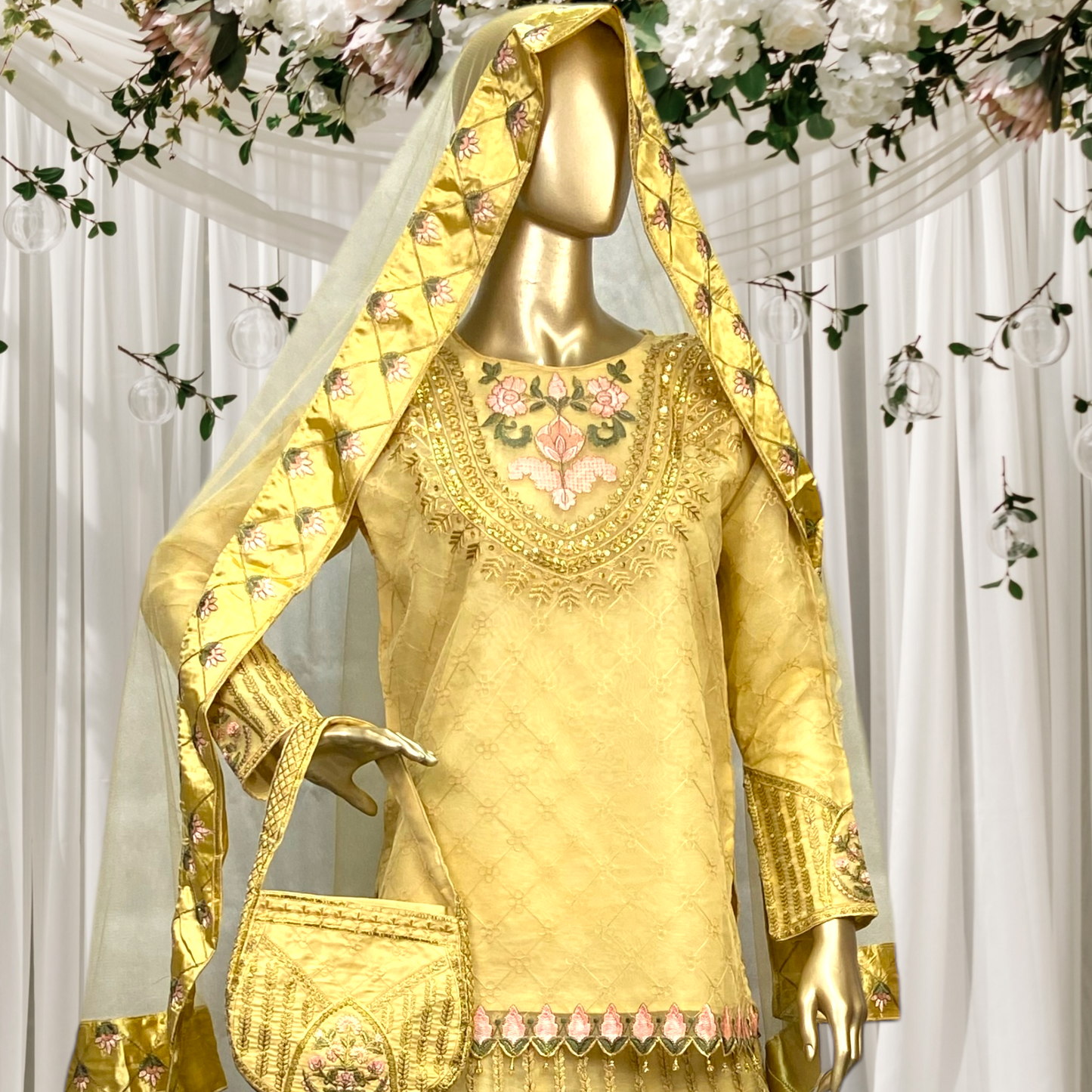 Elegant 3-Piece Organza Sharara Set with Net Dupatta  MMG-781