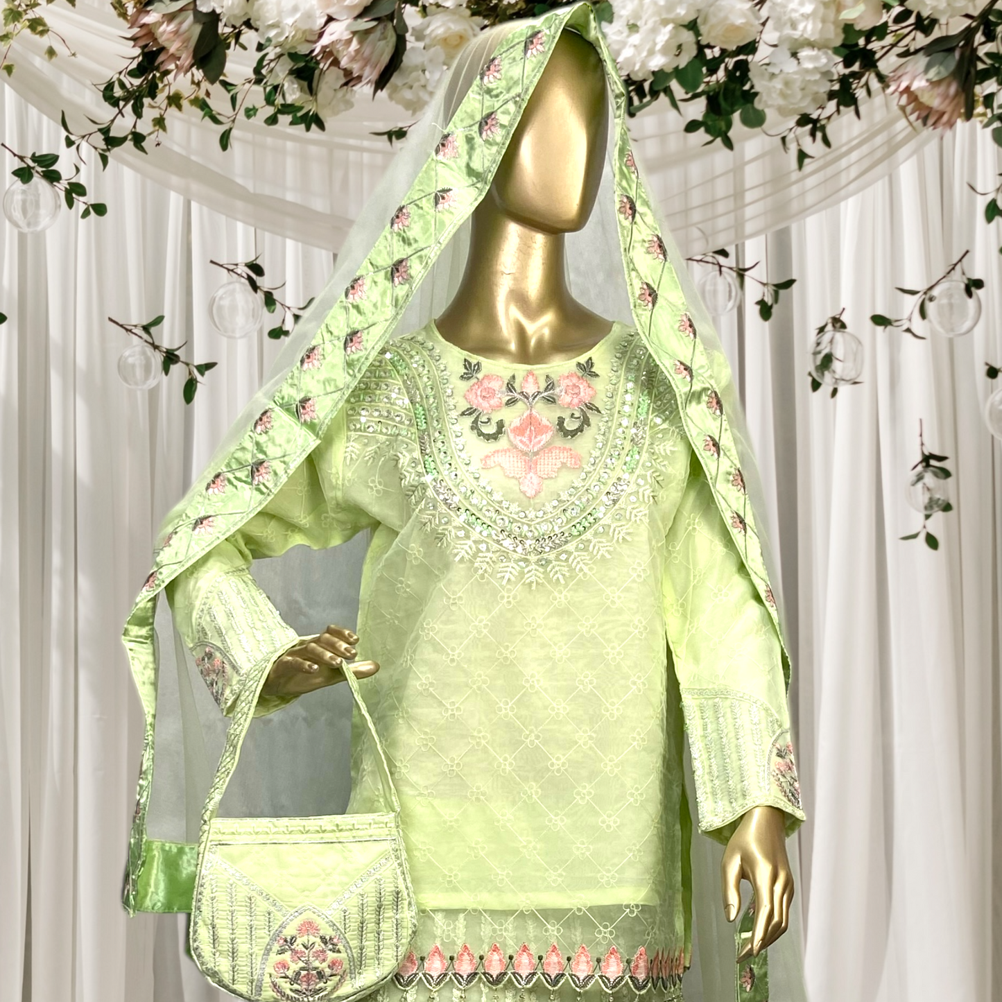 Elegant 3-Piece Organza Sharara Set with Net Dupatta  MMG-781