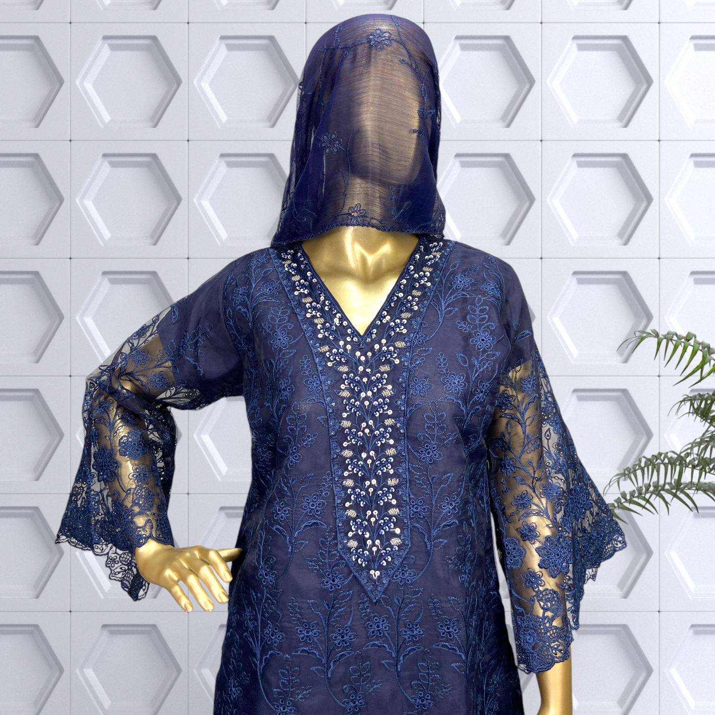 3-Piece Organza Shirt with Chiffon Dupatta & Soft Malai Trouser. MMG-738