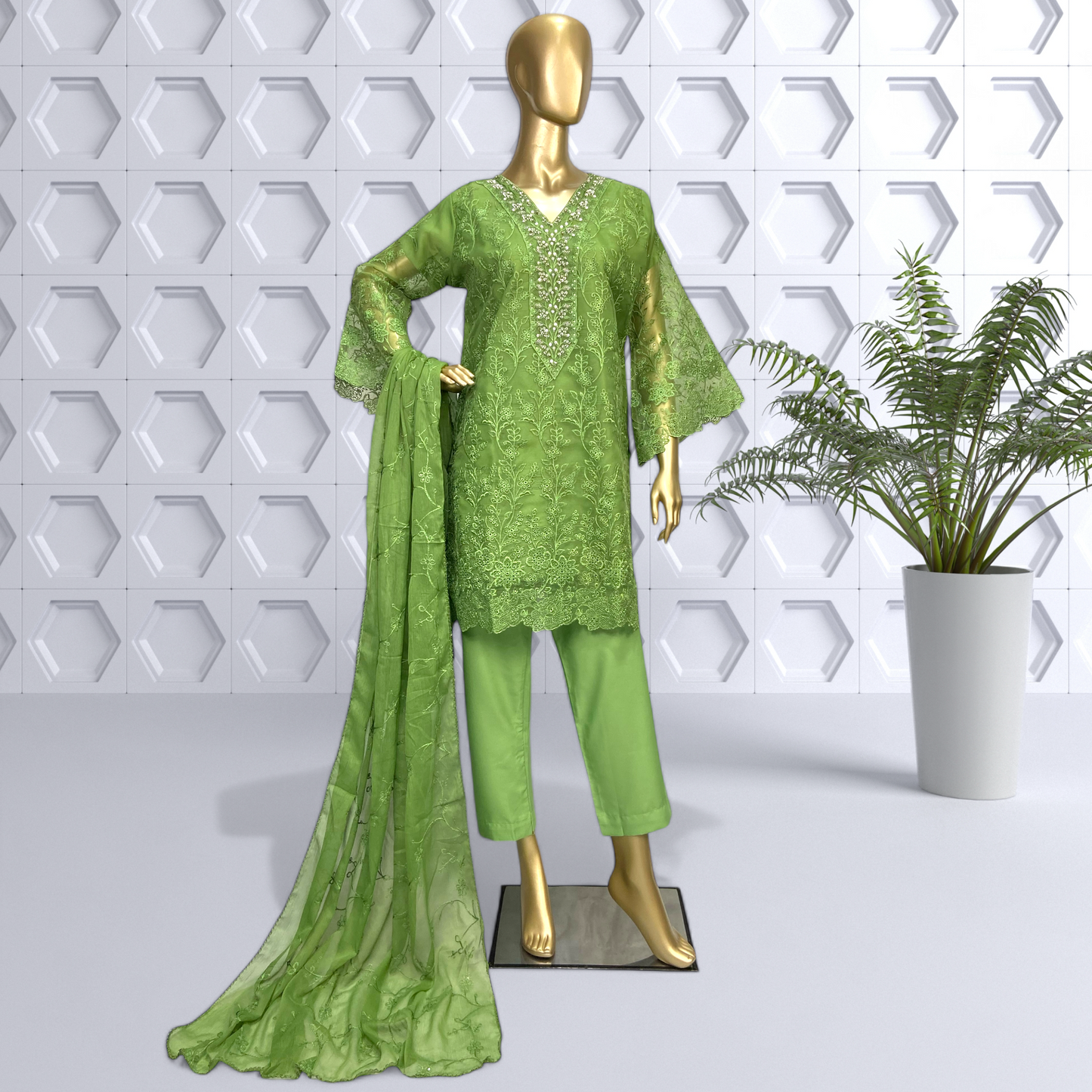 3-Piece Organza Shirt with Chiffon Dupatta & Soft Malai Trouser. MMG-738